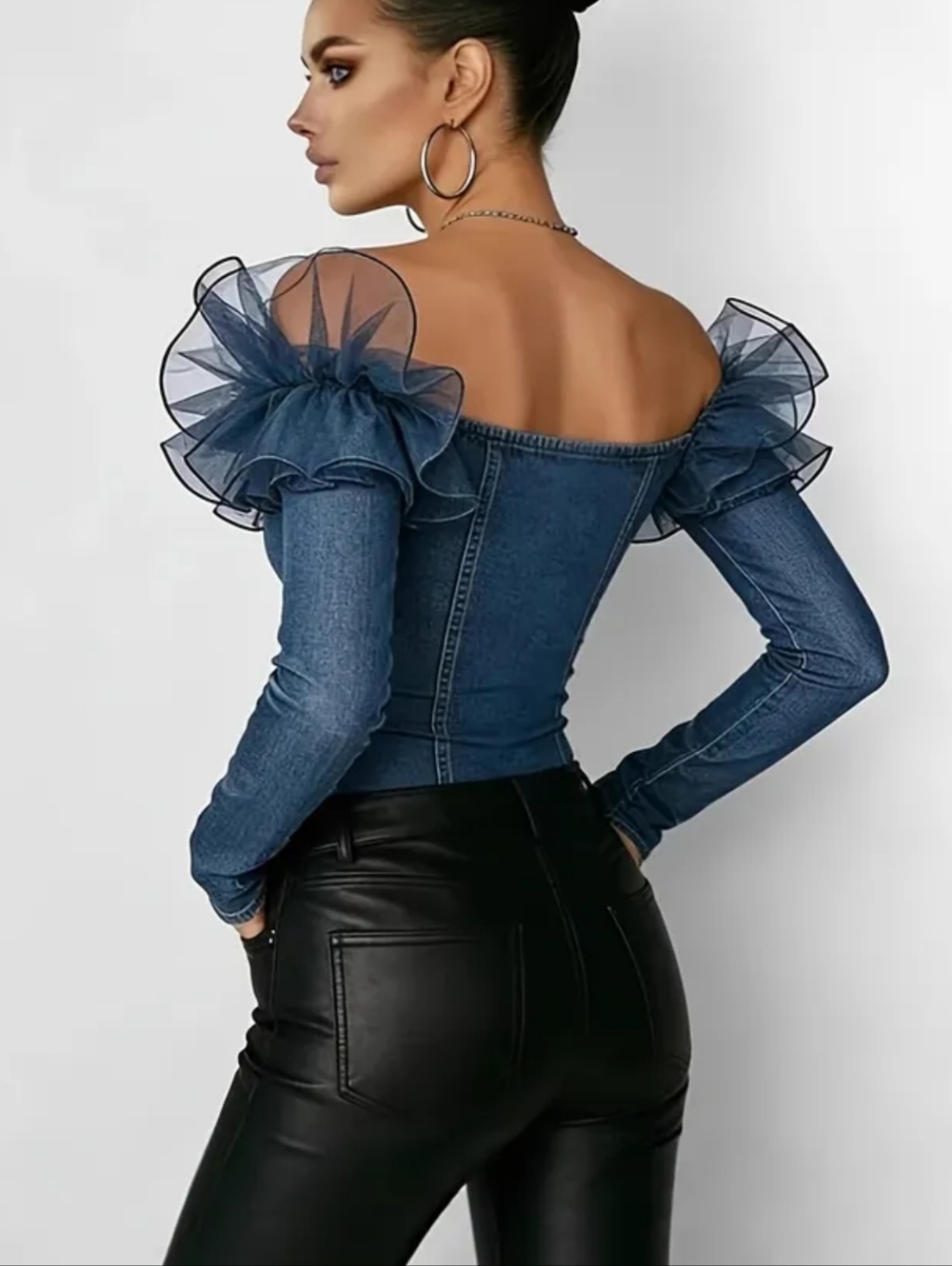 Denim Off-Shoulder Ruffle Button-Front Top - Blue - Picture 2 of 4